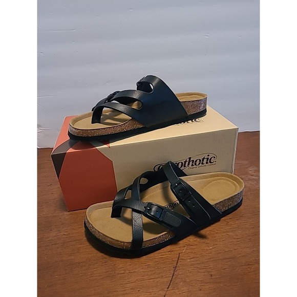 Aerothotic Shoes - Aerothotic CorkSlides Womens Sz8 Black Synthetic Leather Arch Support PU1105 NIB